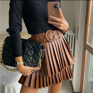 Zara Faux Leather High Waisted Belted Pleated Mini Skirt Brown Women's Size M